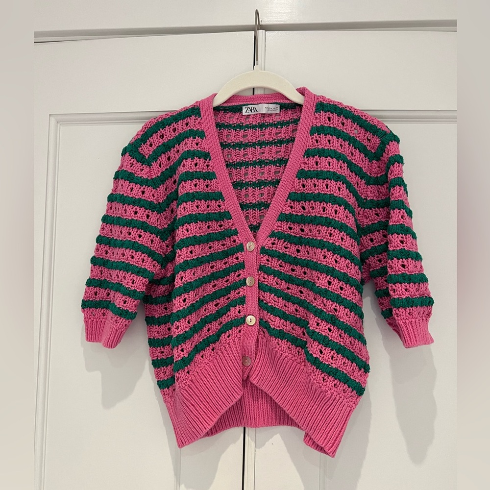 Zara Pink & Green Striped Open-Knit Button Cardigan
